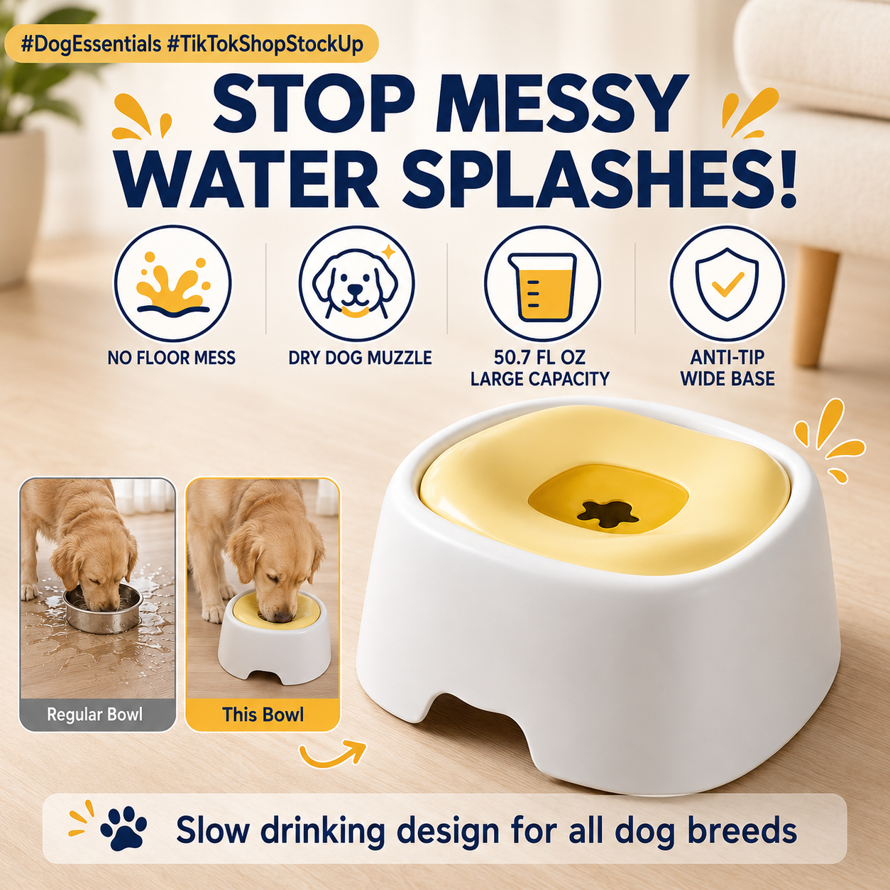 Dog Water Bowl for Messy Drinkers, Floating Plate, Less Splash