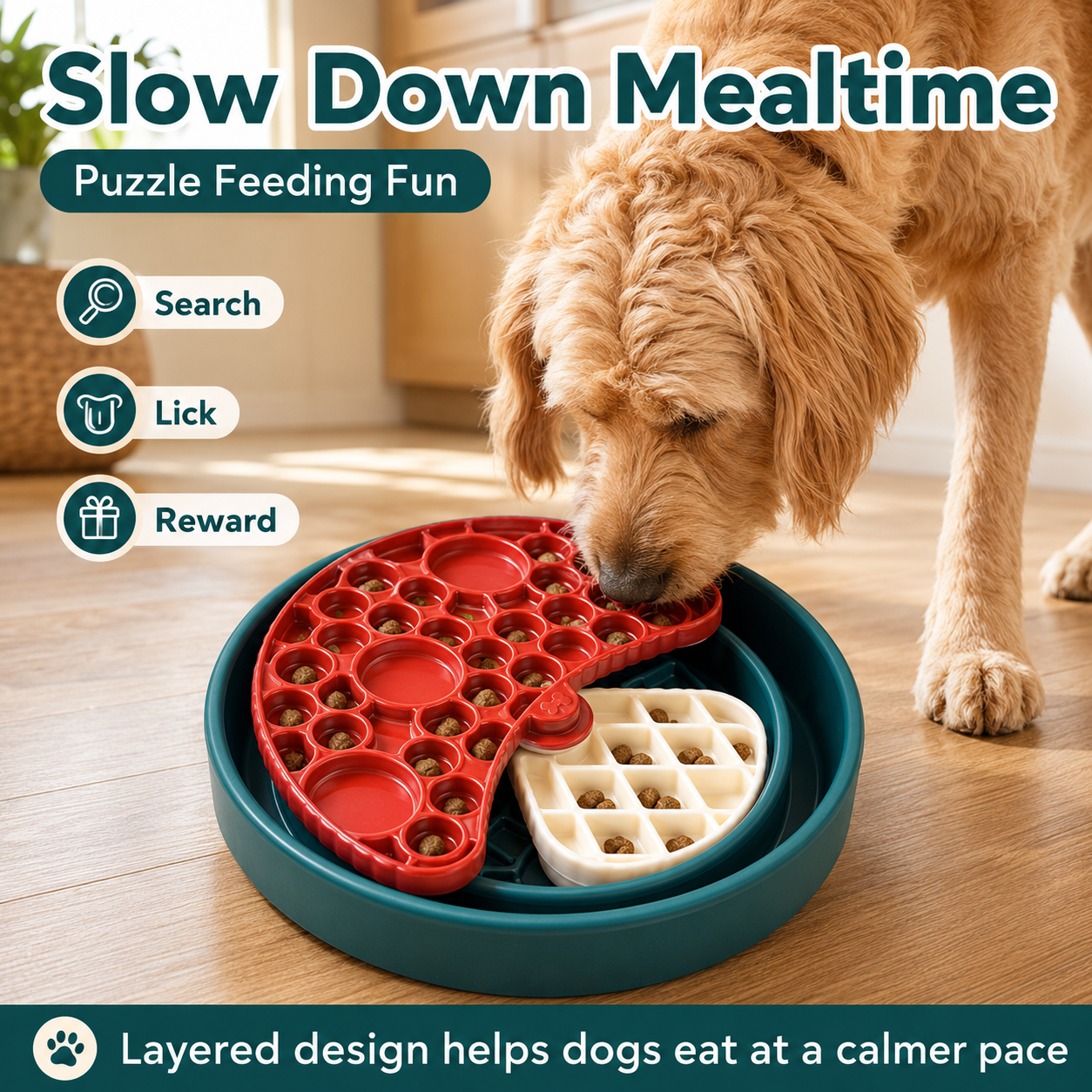3-Layer Dog Slow Feeder Puzzle Bowl with Lick Maze