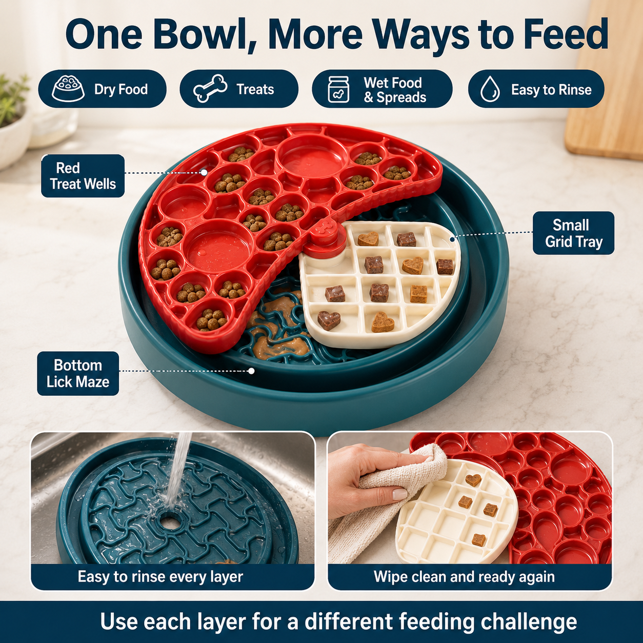 3-Layer Dog Slow Feeder Puzzle Bowl with Lick Maze